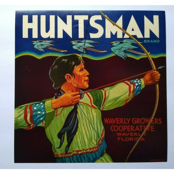 Huntsman Brand Fruit Crate Label Original 1940s Cranes Bow & Arrow Waverly FL - Picture 1 of 5